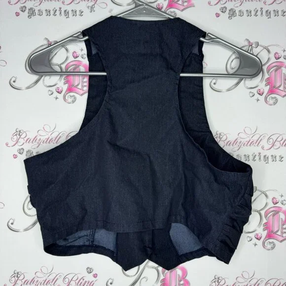 Dots best cardigan denim jean y2k rutched sides navy button up crop tank top - Picture 2 of 7